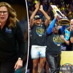 A equipe e técnica de basquete feminino da UCLA, Cori Close, comemorando seu campeonato nacional com confetes caindo ao seu redor.
