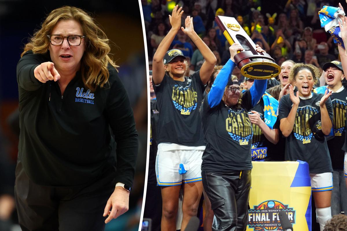 A equipe e técnica de basquete feminino da UCLA, Cori Close, comemorando seu campeonato nacional com confetes caindo ao seu redor.