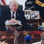 Uma pessoa adora enquanto uma mensagem de vídeo gravada do presidente Donald Trump é reproduzida no Rededicate 250.