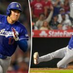 Shohei Ohtani deslizando para uma base enquanto Logan O'Hoppe está pronto para receber.