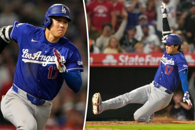 Shohei Ohtani deslizando para uma base enquanto Logan O'Hoppe está pronto para receber.