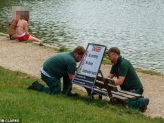 Repressão aos caçadores de sol ‘egoístas’: os guardas florestais de Hampstead Heath instalam placas de ‘proibido nadar’ depois que multidões ignoram a proibição de lagos de pássaros para dar um mergulho durante a onda de calor Repressão aos caçadores de sol 'egoístas': os guardas florestais de Hampstead Heath instalam placas de 'proibido nadar' depois que multidões ignoram a proibição de lagos de pássaros para dar um mergulho durante a onda de calor