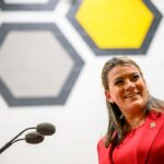 November 20, 2025  New Britain, CT  Speaking at New Britain Stadium, Erin Stewart announced her candidacy for Governor. (Mark Mirko/Connecticut Public via Getty Images)
