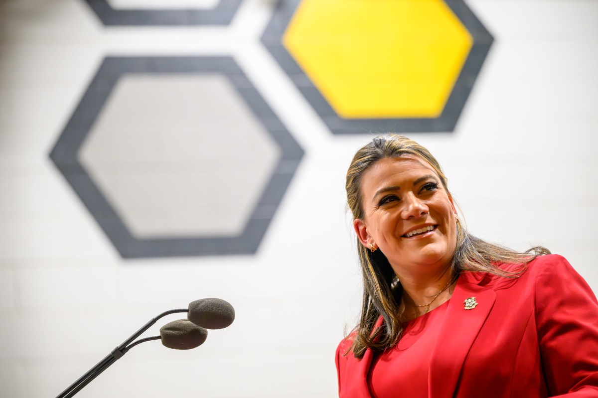 November 20, 2025  New Britain, CT  Speaking at New Britain Stadium, Erin Stewart announced her candidacy for Governor. (Mark Mirko/Connecticut Public via Getty Images)