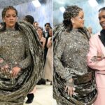 Rihanna retorna ao Met Gala 2026 elegantemente atrasada em um conjunto escultural metálico ao lado de A$AP Rocky