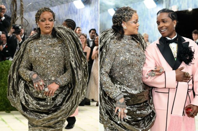 Rihanna retorna ao Met Gala 2026 elegantemente atrasada em um conjunto escultural metálico ao lado de A$AP Rocky
