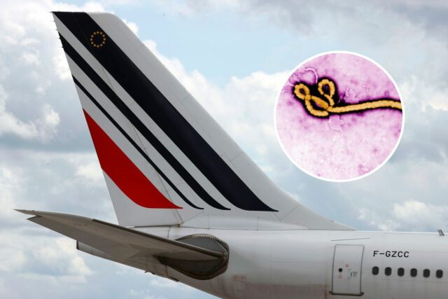Risco de Ebola desvia voo para Detroit enquanto EUA atualizam Left: An Air France plane at Charles de Gaulle airport in Paris in 2021. Inset: an Ebola virus virion.