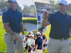 Rory McIlroy critica torcedor turbulento do PGA Championship: ‘Cale a boca’ Rory McIlroy olha para o campo de golfe, com uma tabela de classificação mostrando-o em quinto lugar.