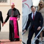 O secretário de Estado dos EUA, Marco Rubio, é recebido por um funcionário do Vaticano ao chegar ao pátio de São Dâmaso para se encontrar com o Papa Leão XIV e o secretário de Estado do Vaticano, Pietro Parolin, no Vaticano, quinta-feira, 7 de maio de 2026.