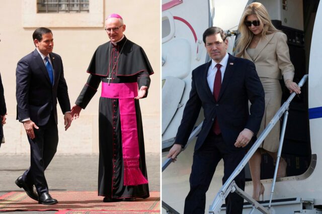 O secretário de Estado dos EUA, Marco Rubio, é recebido por um funcionário do Vaticano ao chegar ao pátio de São Dâmaso para se encontrar com o Papa Leão XIV e o secretário de Estado do Vaticano, Pietro Parolin, no Vaticano, quinta-feira, 7 de maio de 2026.