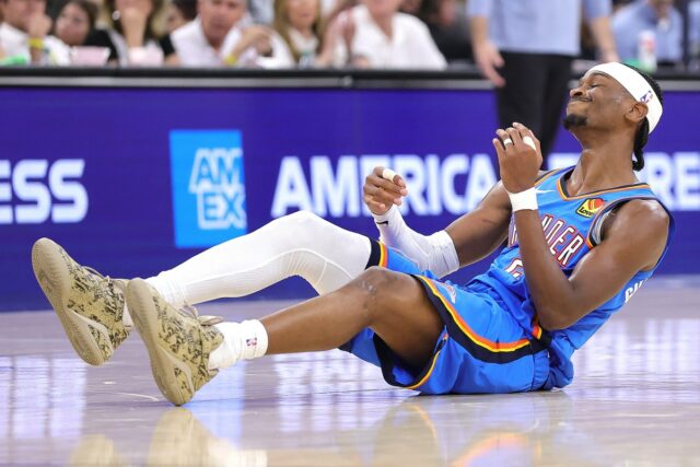 SAN ANTONIO, TEXAS - MAY 24:  Stephon Castle #5 and Victor Wembanyama #1 of the San Antonio Spurs celebrate during the second quarter against the Oklahoma City Thunder in Game Four of the NBA Western Conference Finals at Frost Bank Center on May 24, 2026 in San Antonio, Texas. NOTE TO USER: User expressly acknowledges and agrees that, by downloading and or using this photograph, User is consenting to the terms and conditions of the Getty Images License Agreement. (Photo by Alex Slitz/Getty Images)
