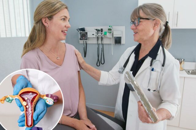Um médico conversando com uma paciente enquanto segura um modelo de útero.