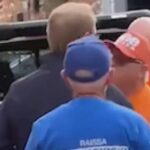 James Paterson, com jaqueta azul-marinho, e o voluntário da One Nation, se enfrentam na cabine de votação em Albury.