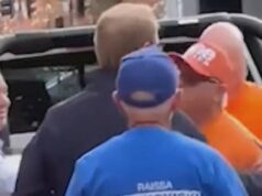Senador liberal envolvido em briga com voluntário da One Nation na cabine de votação James Paterson, com jaqueta azul-marinho, e o voluntário da One Nation, se enfrentam na cabine de votação em Albury.