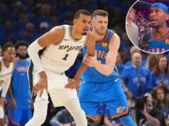 Shai Gilgeous-Alexander trolls a defesa de Isaiah Harteinstein sobre Victor Wembanyama: ‘Não tenho certeza se foi bom’ Os jogadores de basquete Tre Jones do San Antonio Spurs e Jaylin Williams do Oklahoma City Thunder na quadra.