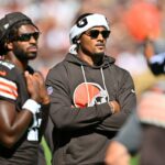 Quarterbacks Shedeur Sanders #12 and Deshaun Watson #4 of the Cleveland Browns