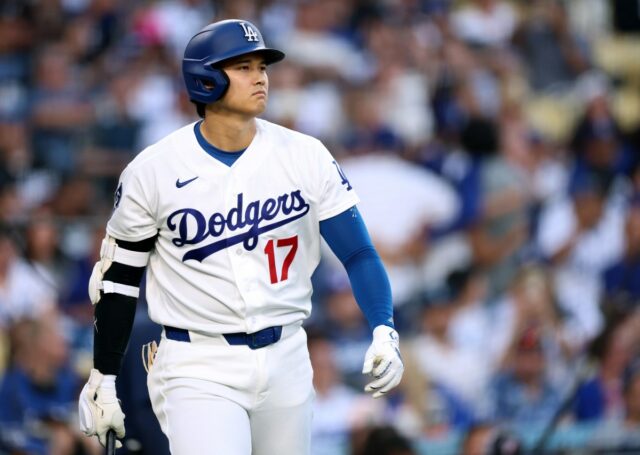 HOUSTON, TEXAS - MAY 06: Shohei Ohtani #17 of the Los Angeles Dodgers stands on deck in the third inning against the Houston Astros at Daikin Park on May 06, 2026 in Houston, Texas. (Photo by Tim Warner/Getty Images)