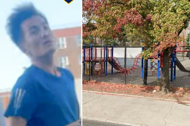 Sicko procurado por empurrar um grupo de crianças e sufocar Imagem recortada de um indivíduo procurado pelo NYPD, vestindo camisa azul e short preto, andando pela rua.