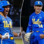 Phoenix Call comemora depois de fazer um triplo durante a vitória da UCLA por 8-4 sobre Loyola Marymount em 5 de maio de 2026 no Page Stadium.