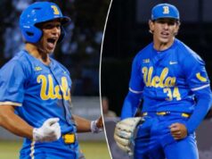 Sim. 1 O beisebol da UCLA deixa Loyola Marymount toda molhada após a confusão do sprinkler Phoenix Call comemora depois de fazer um triplo durante a vitória da UCLA por 8-4 sobre Loyola Marymount em 5 de maio de 2026 no Page Stadium.