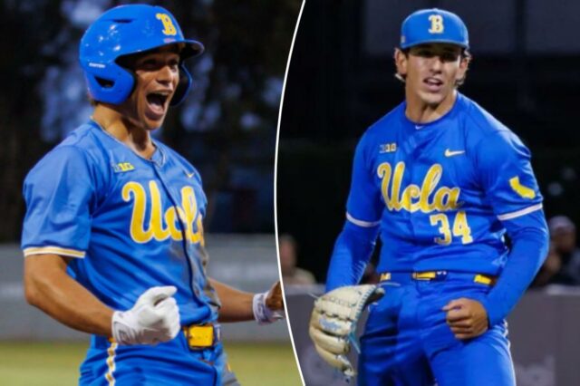 Phoenix Call comemora depois de fazer um triplo durante a vitória da UCLA por 8-4 sobre Loyola Marymount em 5 de maio de 2026 no Page Stadium.