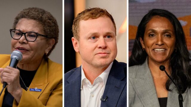 Spencer Pratt, prefeita Karen Bass e vereadora Nithya Raman