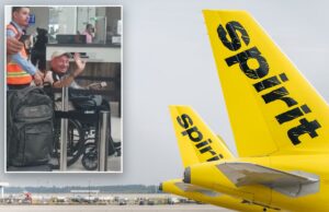 Spirit Airlines acusada de não ajudar paciente idoso com demência que saiu do aeroporto e foi morta por carro: ação judicial Um homem em cadeira de rodas acena, acompanhado do pessoal do aeroporto e de outro homem, ao lado de uma mochila.