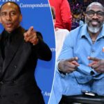 Shannon Sharpe (c.) participa do jogo 4 da série Lakers-Thunder em Los Angeles em 11 de maio de 2026.