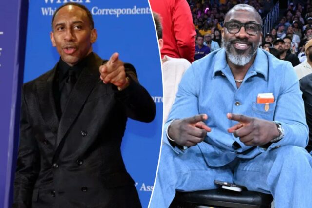 Shannon Sharpe (c.) participa do jogo 4 da série Lakers-Thunder em Los Angeles em 11 de maio de 2026.