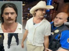 Streamer racista ‘Chud the Builder’ acusado de tentativa de homicídio por atirar fora do tribunal Homem com chapéu de cowboy sendo preso por policiais.