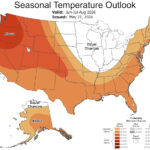 A previsão de temperatura do verão de 2026 da NOAA mostra que temperaturas acima da média são esperadas na maior parte do país (em vermelho e laranja), com exceção do Alto Centro-Oeste e dos Grandes Lagos.