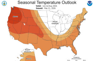 Sua previsão oficial de verão está aqui. Quão quente vai ficar? A previsão de temperatura do verão de 2026 da NOAA mostra que temperaturas acima da média são esperadas na maior parte do país (em vermelho e laranja), com exceção do Alto Centro-Oeste e dos Grandes Lagos.