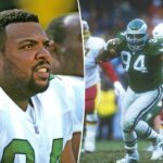 O atacante defensivo Kevin Johnson # 94 do Philadelphia Eagles.