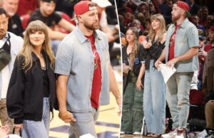 Taylor Swift e Travis Kelce vestem jeans dele e dela para o encontro na quadra no jogo Cavaliers vs. Taylor Swift e Travis Kelce vestem jeans dele e dela para o encontro na quadra no jogo Cavaliers vs.