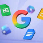 Ícones do Google Docs flutuando ao redor do logotipo da Gemini.