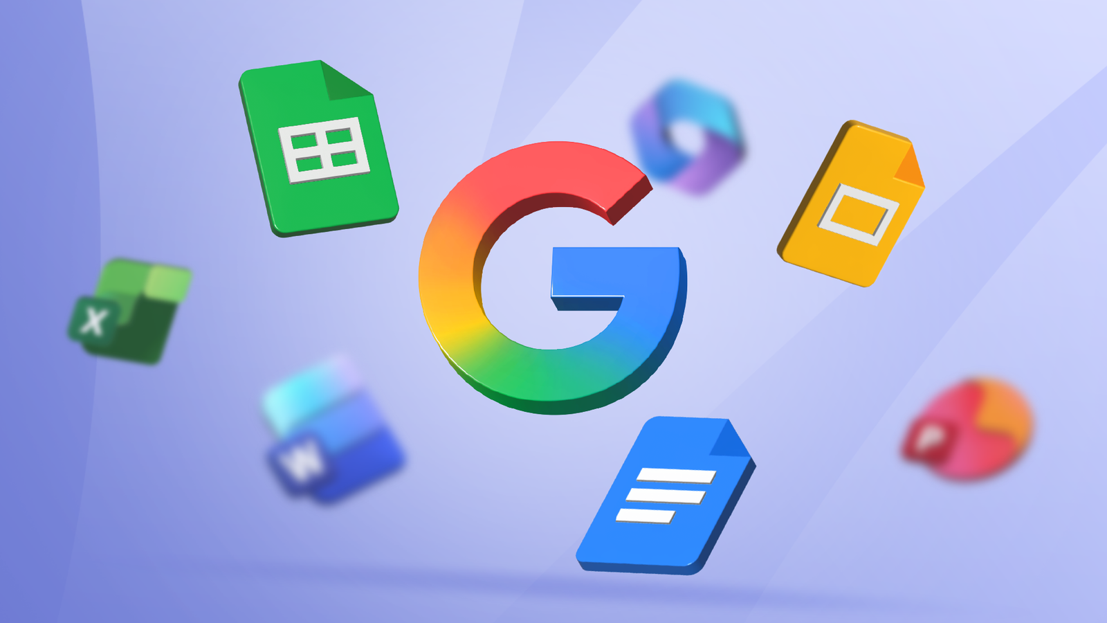Ícones do Google Docs flutuando ao redor do logotipo da Gemini.