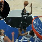 Jaden McDaniels, que marcou 32 pontos, atira um flutuador durante a vitória dos Timberwolves por 110-98 no Jogo 6 da série sobre o Nuggets em 30 de abril de 2026 em Minneapolis.