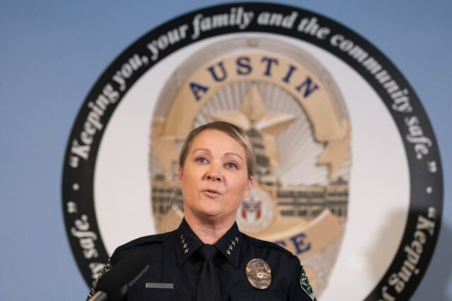 Police Chief Lisa Davis addresses the press regarding the West 6th Street mass shooting while at the Austin Police Department Headquarters on March 2. (Mikala Compton/The San Antonio Express-News via AP)