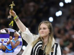 Torcedor do Spurs zomba hilariamente de Shai Gilgeous-Alexander do Thunder com o troféu de ‘Melhor Flopper’ no Jogo 4 Torcedor do Spurs zomba hilariamente de Shai Gilgeous-Alexander do Thunder com o troféu de 'Melhor Flopper' no Jogo 4