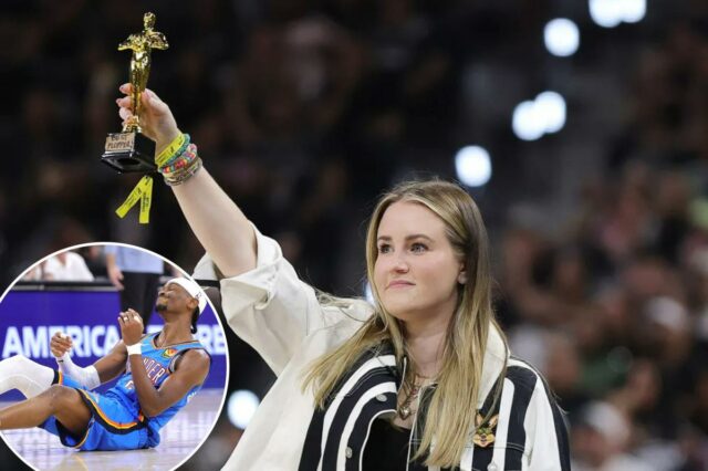 Torcedor do Spurs zomba hilariamente de Shai Gilgeous-Alexander do Thunder Torcedor do Spurs zomba hilariamente de Shai Gilgeous-Alexander do Thunder com o troféu de 'Melhor Flopper' no Jogo 4