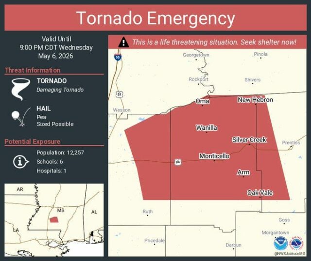 Tempestades severas com possibilidade de tornados fortes, granizo grande, inundações repentinas e ventos prejudiciais foram previstas no Mississippi na quarta-feira, 6 de maio.