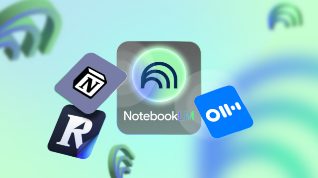 Troquei três ferramentas de produtividade caras pelo NotebookLM do Google Uma mesa com laptop e outros itens de escritório, com o logotipo NotebookLM no centro.