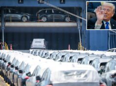 Trump anuncia tarifas sobre carros europeus que vão para 25% na próxima semana – alegações bloqueiam ‘não cumprimento’ do acordo comercial Novos carros são carregados no navio porta-carros Polaris Liberty em um terminal automotivo em Bremerhaven, Alemanha.