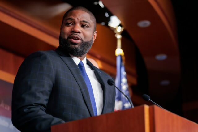 Representative Byron Donalds speaks alongside other members of Congress from Florida, not pictured, about the indictment of former Cuban President Raul Castro, during a news conference in the U.S. Capitol on May 20 in Washington, D.C. (Photo by Heather Diehl/Getty Images)
