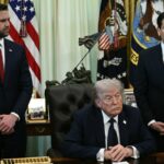 From left, Vice President JD Vance and President Donald Trump listen as Secretary of State Marco Rubio speaks during a meeting at the White House in Washington, D.C., on April 23. (Photo by Brendan Smialowski/AFP via Getty Images)