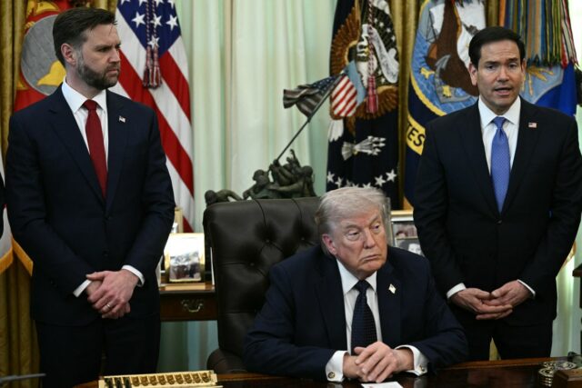 From left, Vice President JD Vance and President Donald Trump listen as Secretary of State Marco Rubio speaks during a meeting at the White House in Washington, D.C., on April 23. (Photo by Brendan Smialowski/AFP via Getty Images)