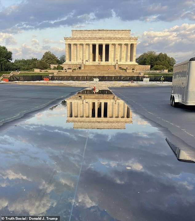 Trump dá uma prévia do novo Reflecting Pool, oferecendo vistas Uma imagem mostrou o Monumento a Washington perfeitamente espelhado na água sob nuvens dramáticas ao pôr do sol