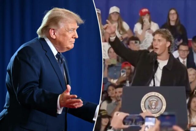 Trump elogia Jaxson Dart dos Giants: 'Futuro Hall da Fama' Jaxon Dart apresenta Donald Trump em um comício no Vale do Hudson.