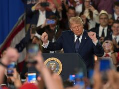 Trump entra na dança energética da YMCA no Rally de meio de semestre de Nova York Representative Mike Lawler, a New York Republican, shakes hands with Donald Trump as he arrives to speak during a campaign and economic policy event in the Eugene Levy Fieldhouse at SUNY Rockland Community College on May 22 in Suffern, New York. (Roberto Schmidt/Getty Images)