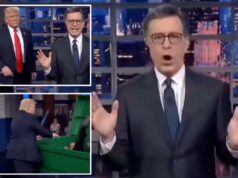 Trump mostra onde quer empurrar Colbert com uma caça ao lixo gerada por IA Trump gerado por IA caminha atrás de Colbert no último show